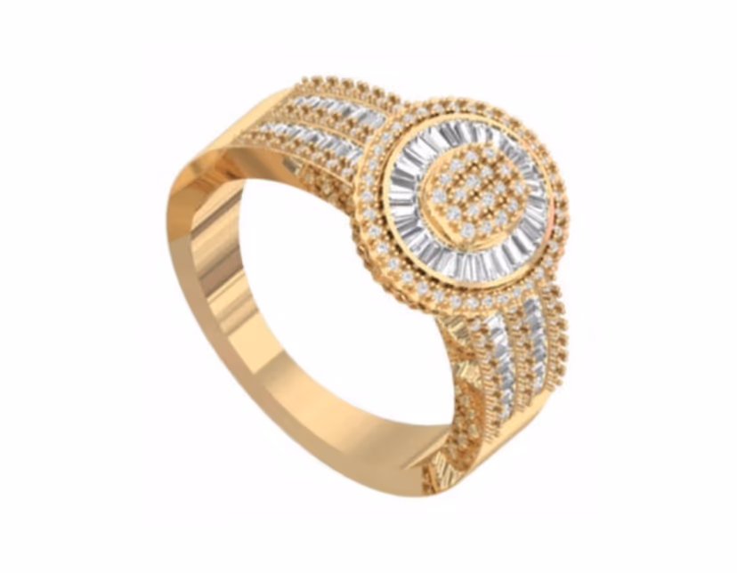 Round target-disc face with a baguette burst and scrolling pavé shoulders.
