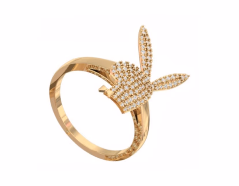Tall pavé bunny-ears motif rising from a slim contoured band.