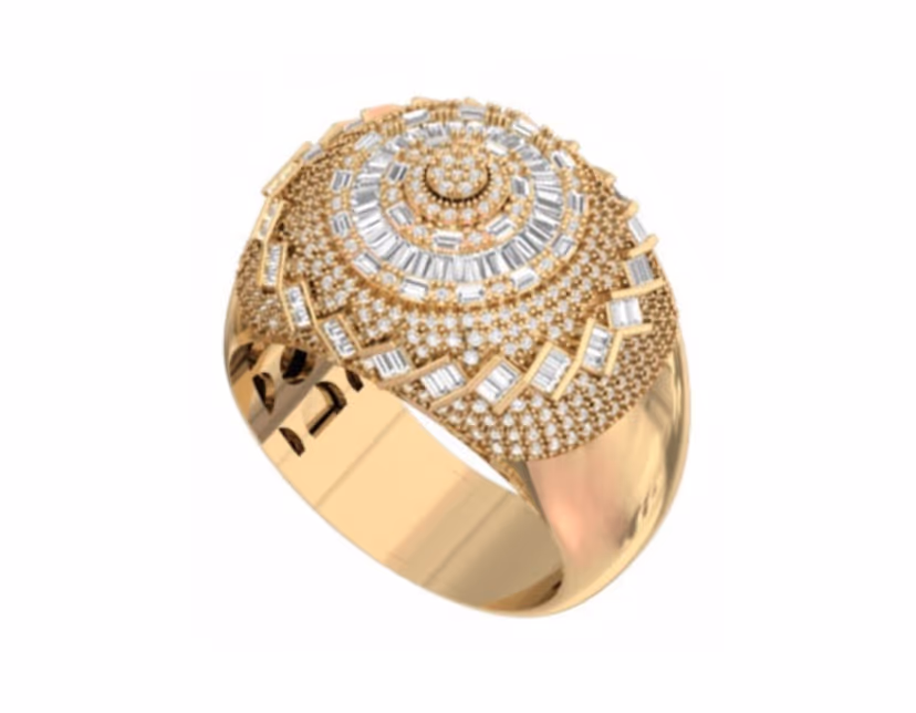 Domed sunburst signet with radiating baguette rays and bezel-set highlights.