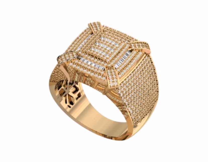 Square bordered baguette-grid plaque mounted on an extra-wide pavé band.