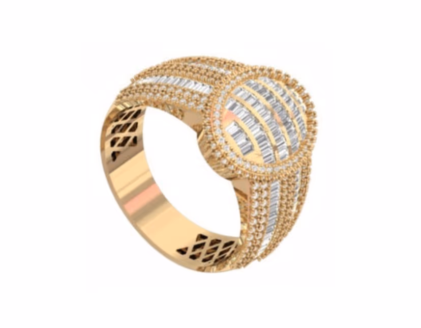 Oval ribbed baguette cluster on pavé shoulders with openwork side galleries.