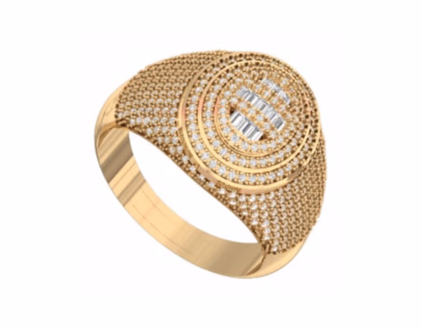 Concentric oval signet with a baguette centre on a sculpted pavé dome.