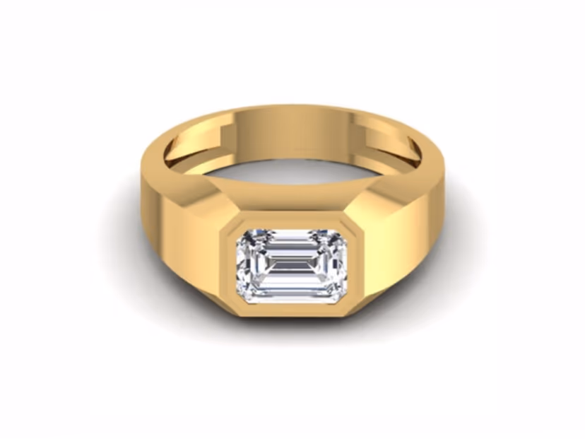 Bold emerald cut bezel, clean contemporary band
