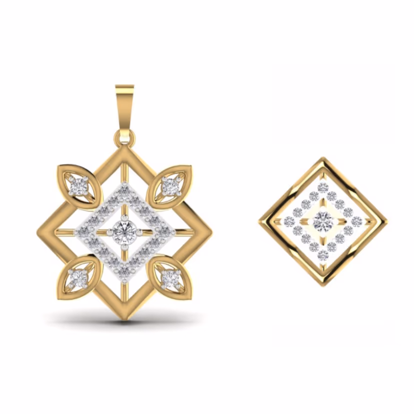 Tilted square pendant with pavé corners and open centre.