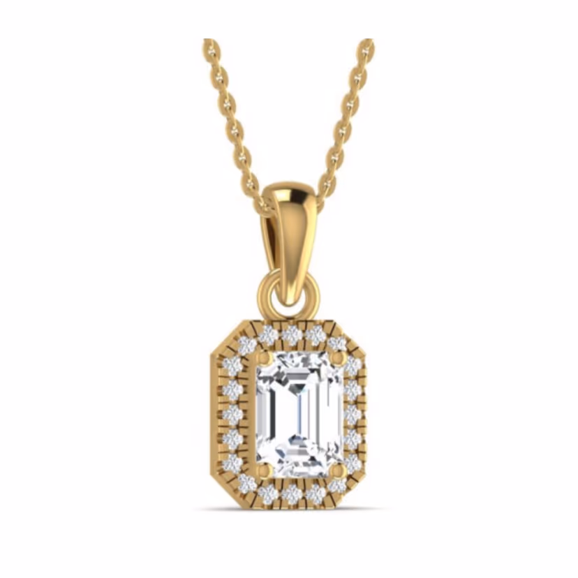 Round halo solitaire pendant on cable chain.
