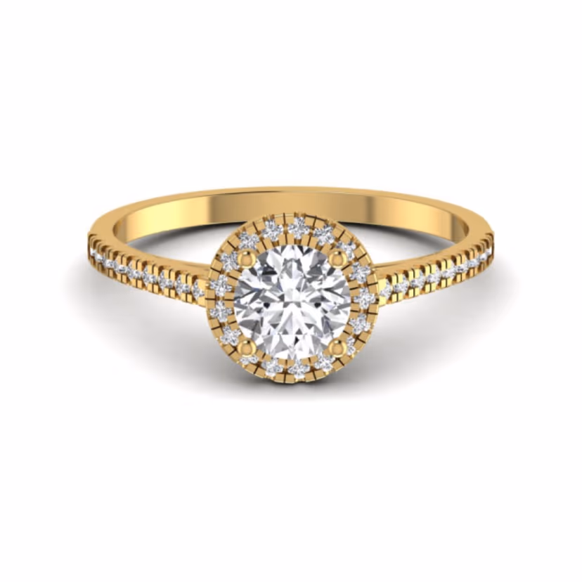Round halo ring with split shank and tapered shoulders.