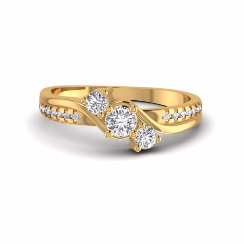 Three-stone round ring with bordered cushion frames.