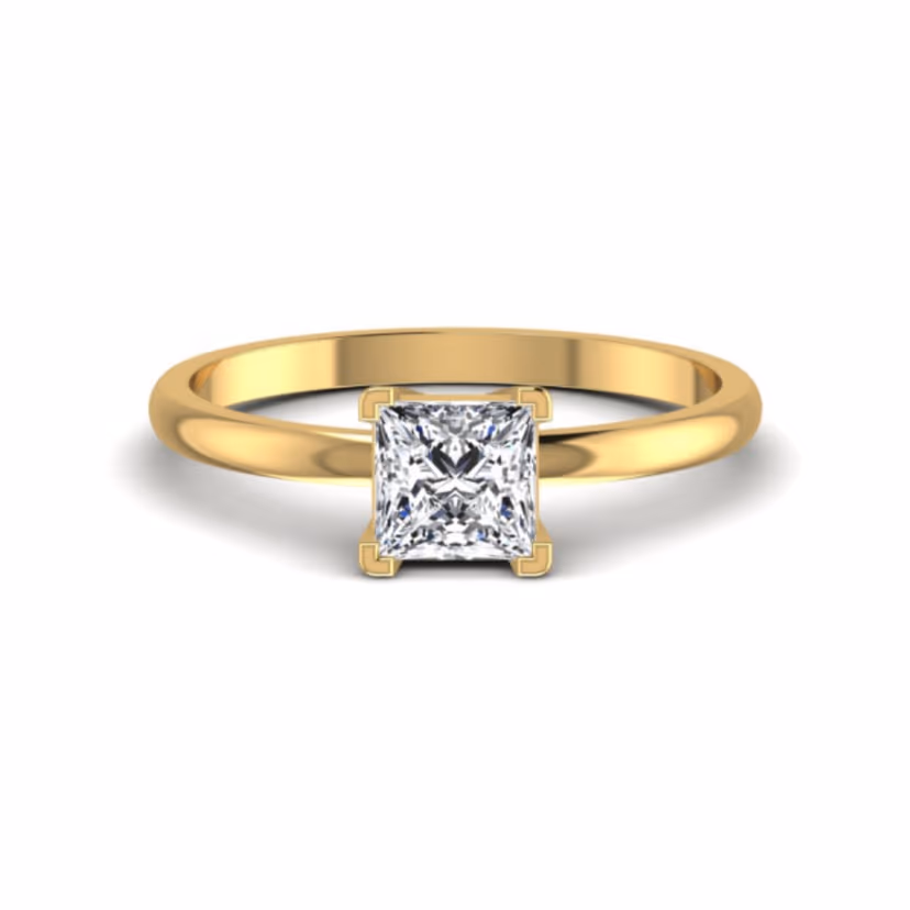 Round bezel solitaire ring on a tapered tubular band.