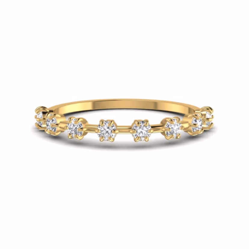 Round halo ring with thin tapered shank.