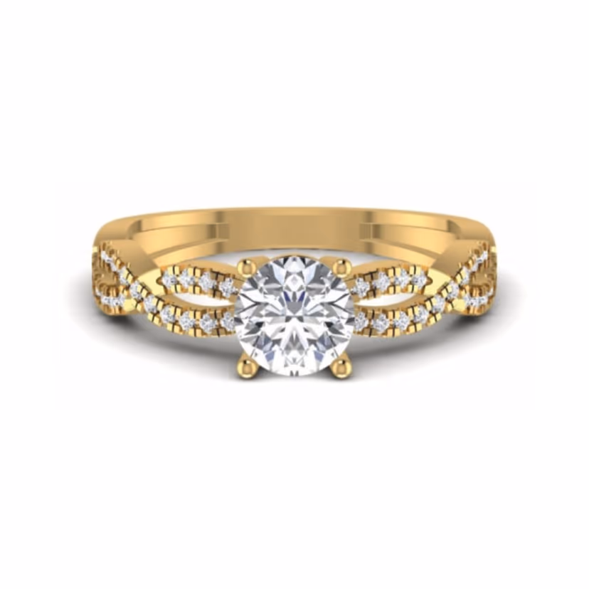 Round halo with split-shank shoulders and pavé crown ring.