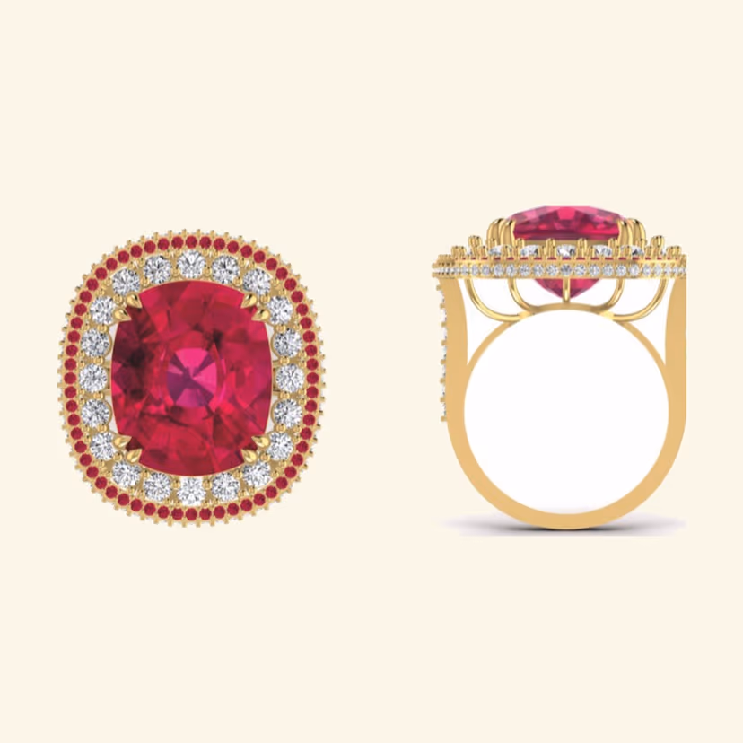 Cushion ruby centre cocktail ring with pavé scalloped halo and split shank.