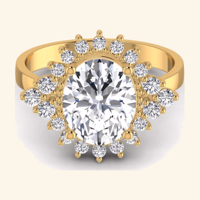 Emerald-cut diamond ring with cluster pavé halo and tapered shoulders.