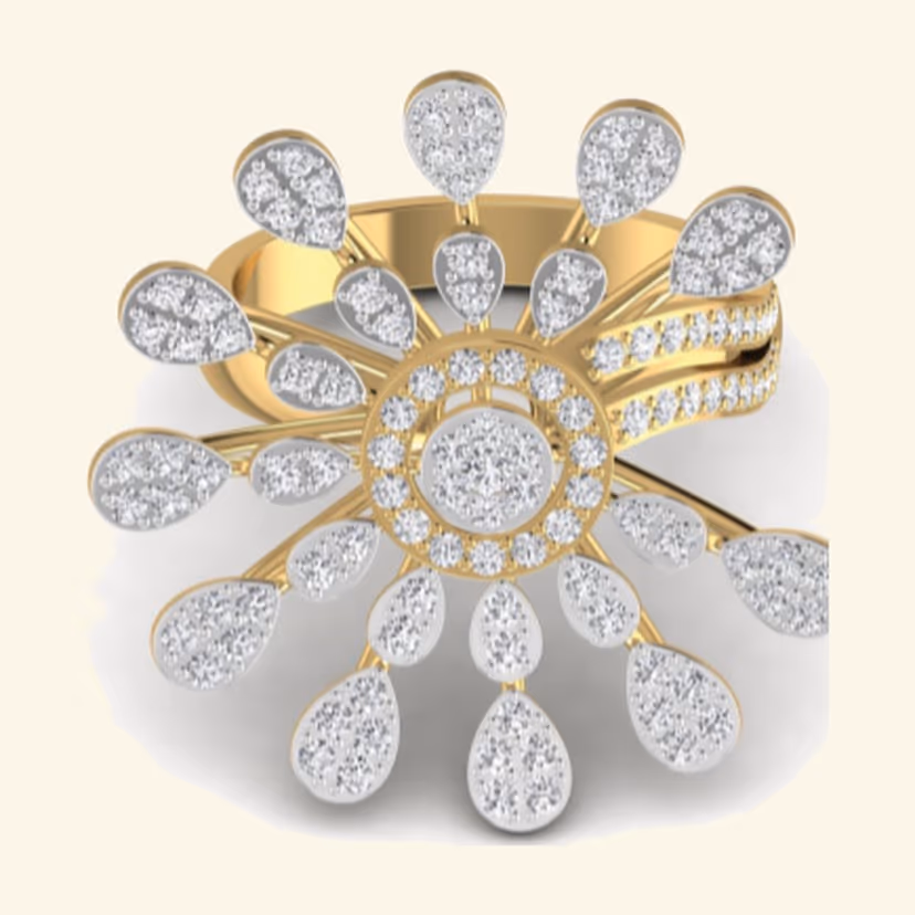 Round emerald cluster ring with floral pavé crown and pavé side stations.