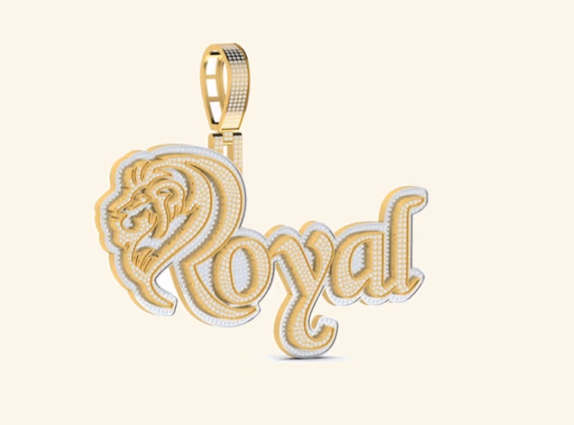 Royal cursive nameplate pendant with two-tone outline and lion-head crest.