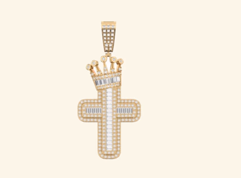 Iced cross pendant with crown topper and central baguette stripe inside fully pavé arms.