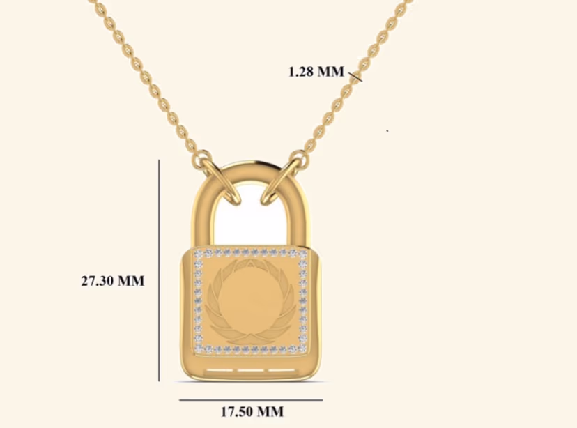 Sculpted padlock pendant with engraved laurel medallion and pavé halo.