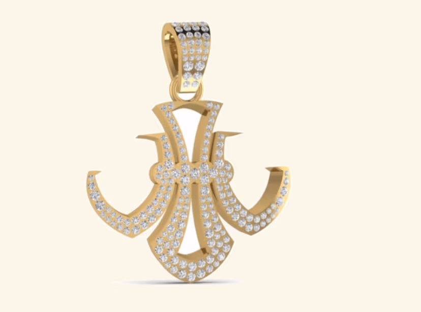 Pavé spear-cross hybrid pendant with curled wing detailing.