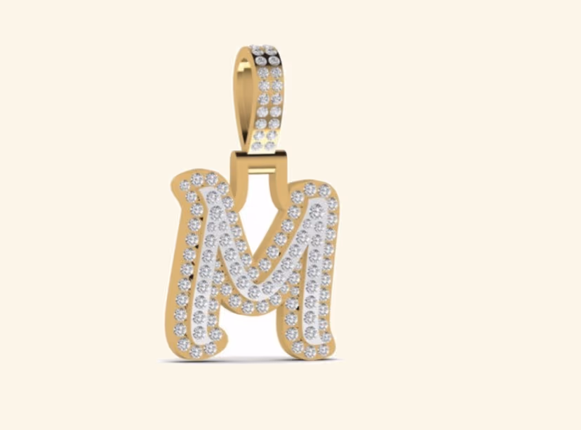 M two-tone block-letter monogram pendant with double-pavé outline.