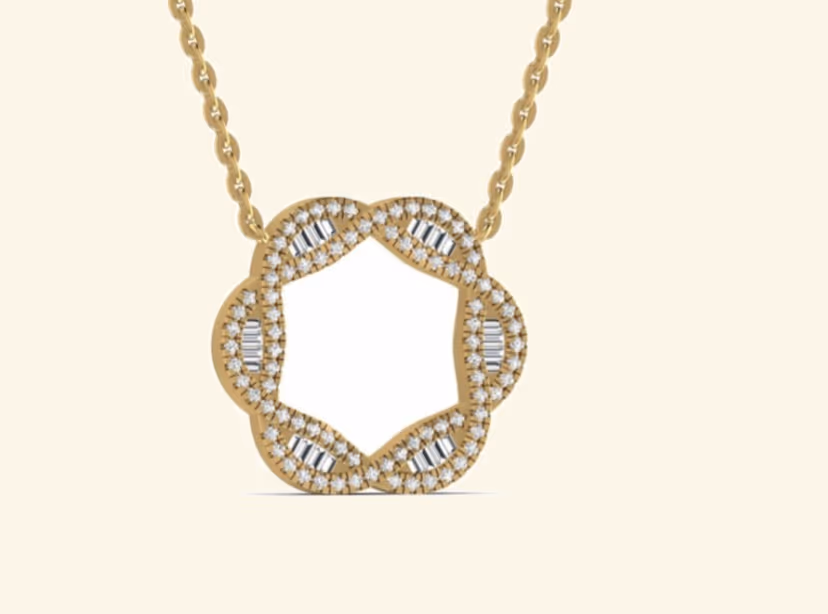 Five-petal cinquefoil pavé pendant with central baguette accents and open core.