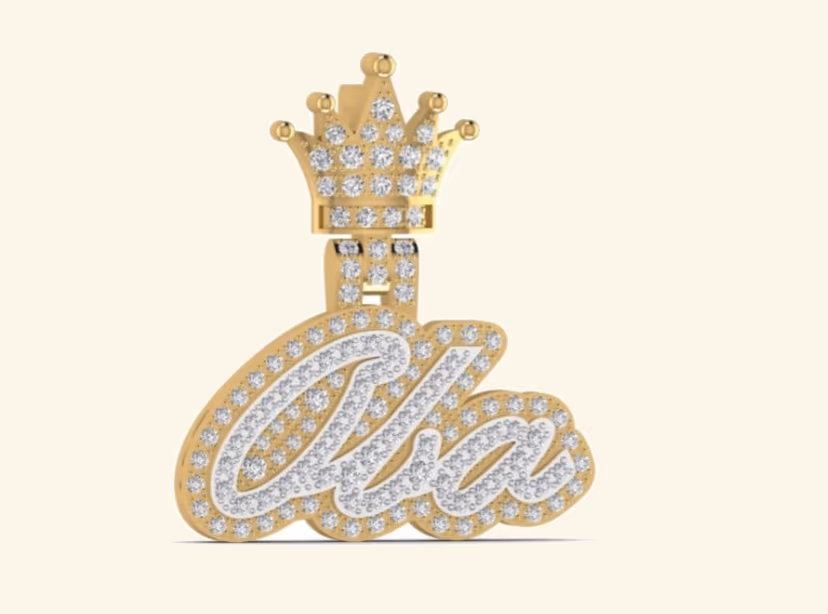 Cha cursive nameplate pendant with diamond crown topper and milgrain edge.