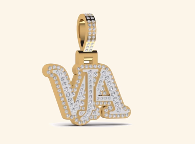 VA two-tone block-letter monogram pendant with pavé outline.