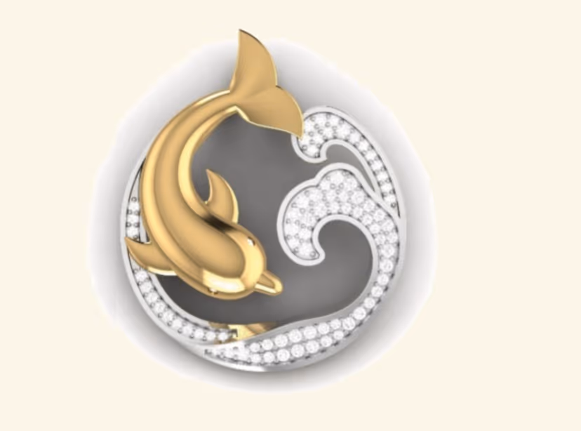 Round dolphin and ocean wave pendant with two-tone gold body and pavé crest.