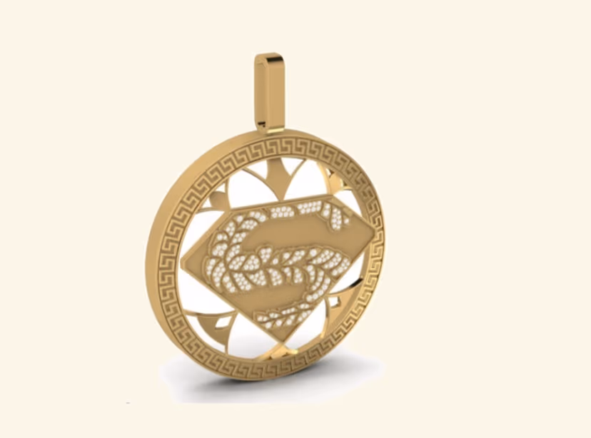 Round Greek-key bordered medallion with Superman shield and lion of Judah relief.