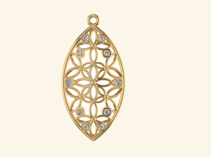Marquise-shape lattice pendant with floral openwork and bezel-set diamond accents.