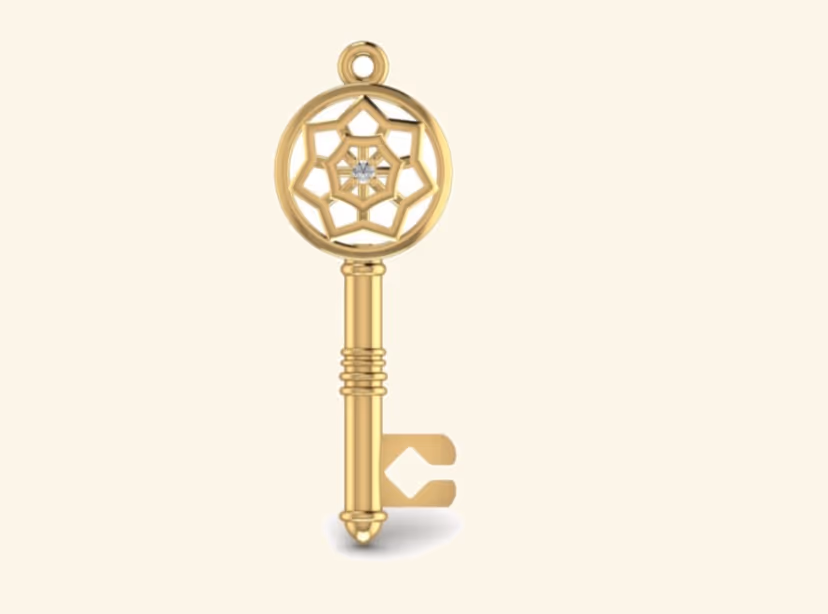 Vintage key pendant with rosette pavé bow and ribbed shaft.