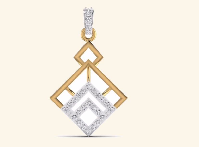 Two-tone diamond geometric pendant with stepped pavé V form and bezel bail.