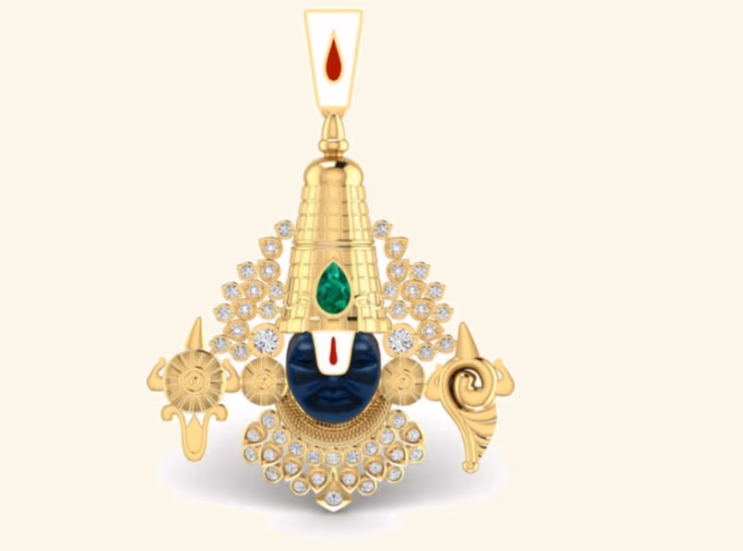 Tirupati Balaji deity pendant with emerald centre and blue cabochon face.