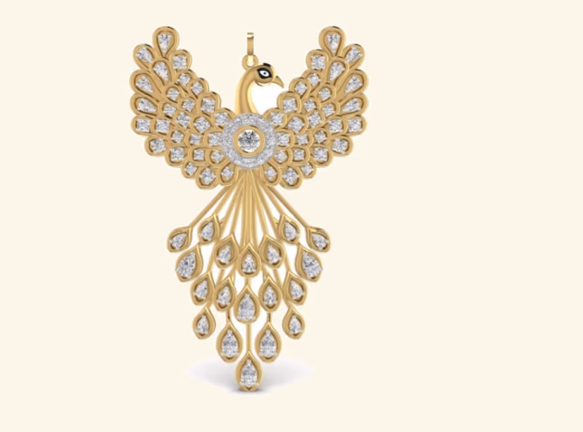 Spread-wing peacock pendant with diamond-set feathered tail.