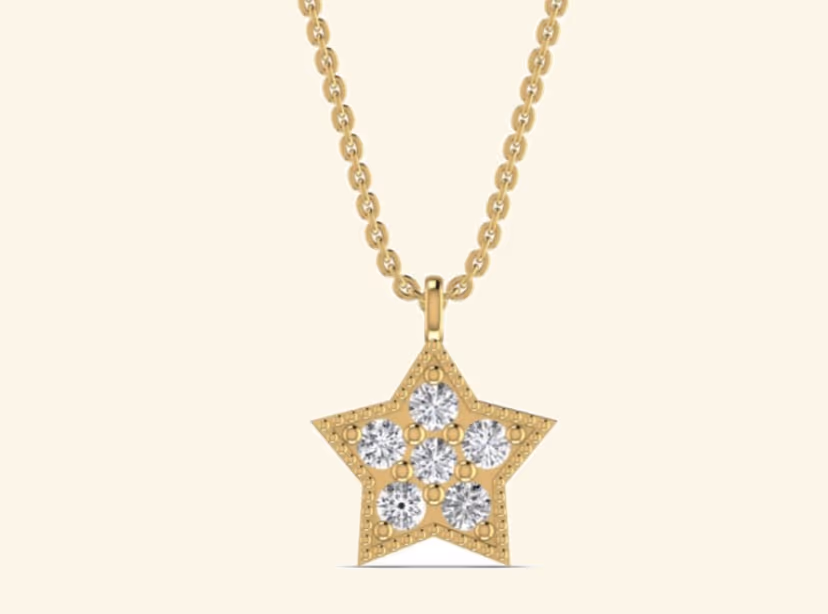 Five-point star pendant with five round diamonds inside a milgrain border.