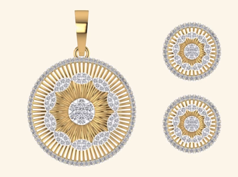 Sunburst medallion pendant with rayed gold spokes and central pavé floral cluster.