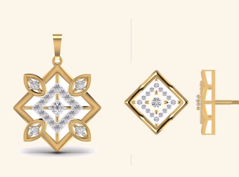 Tilted square pendant with marquise leaf corners and pavé inner diamond.