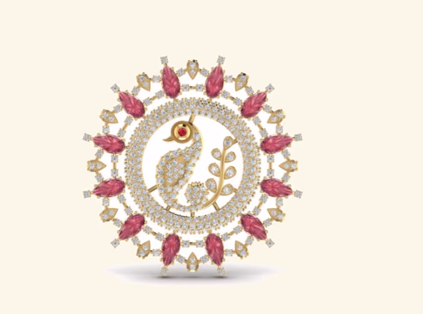 Round mandala medallion with ruby marquise petals around peacock relief centre.