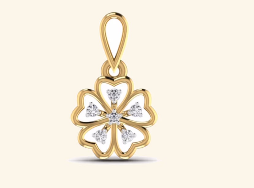 Open clover pendant with diamond accents inside floating gold petals.
