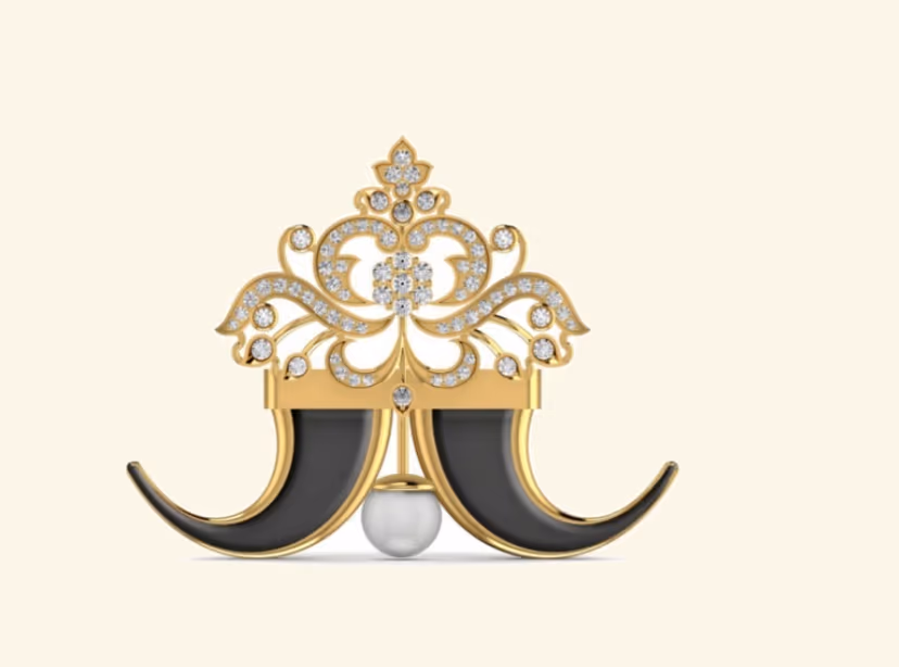 Crown topper pendant with onyx tiger-tooth horns and central pearl drop.