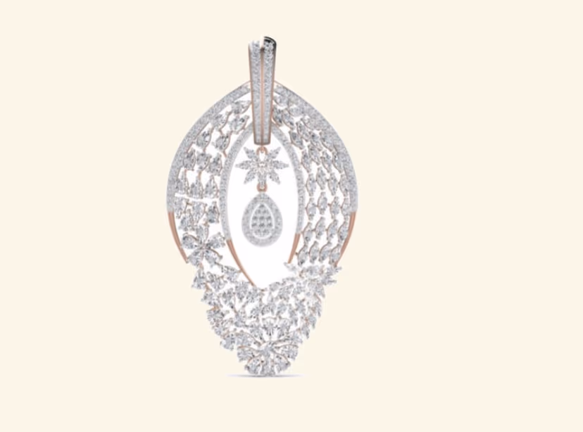 Two-tone marquise leaf-eye pendant with central pavé teardrop.