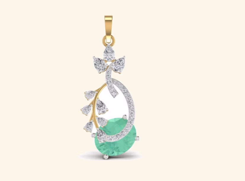 Pear emerald centre pendant with diamond floral spray and three-stone topper.