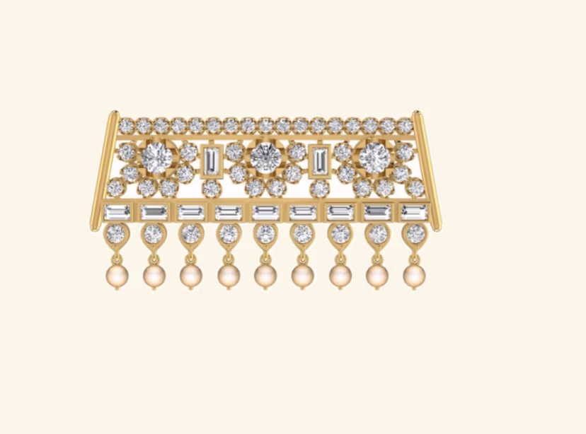 Mangalsutra horizontal bar pendant with three round clusters and pearl fringe drops.