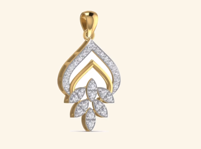 Two-tone arrowhead shield pendant with pavé V tip and marquise leaves below.