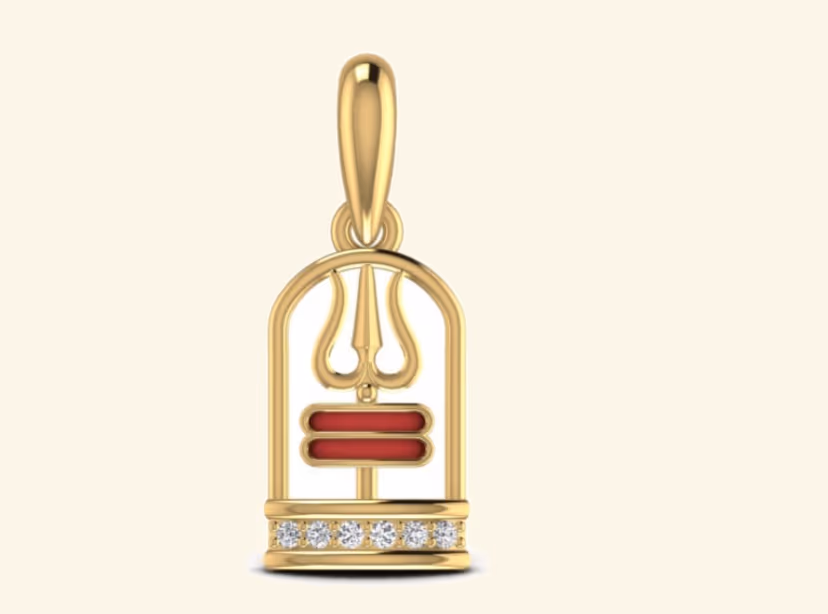 Hindu Shiva trishul pendant with red enamel tilak and pavé base bar.