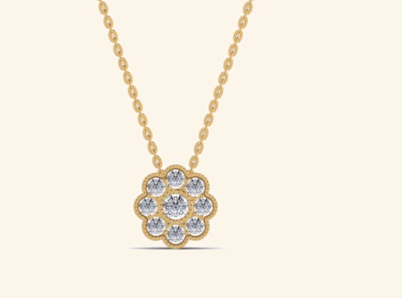 Seven-bezel cluster flower pendant with milgrain border.