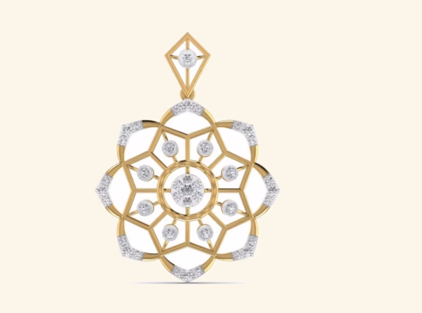 Eight-petal mandala openwork pendant with bezel-set rounds and pavé tips.
