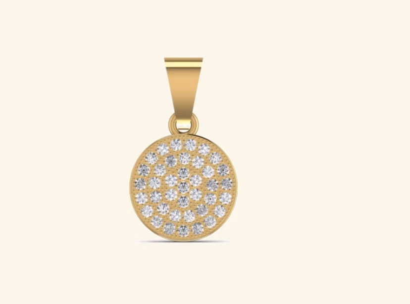 Round pavé disc pendant with milgrain border and slim gold bail.