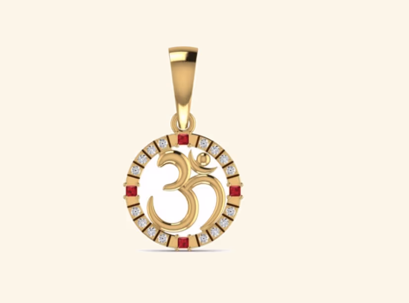 Round Om symbol pendant with ruby princess accents in a pavé halo.