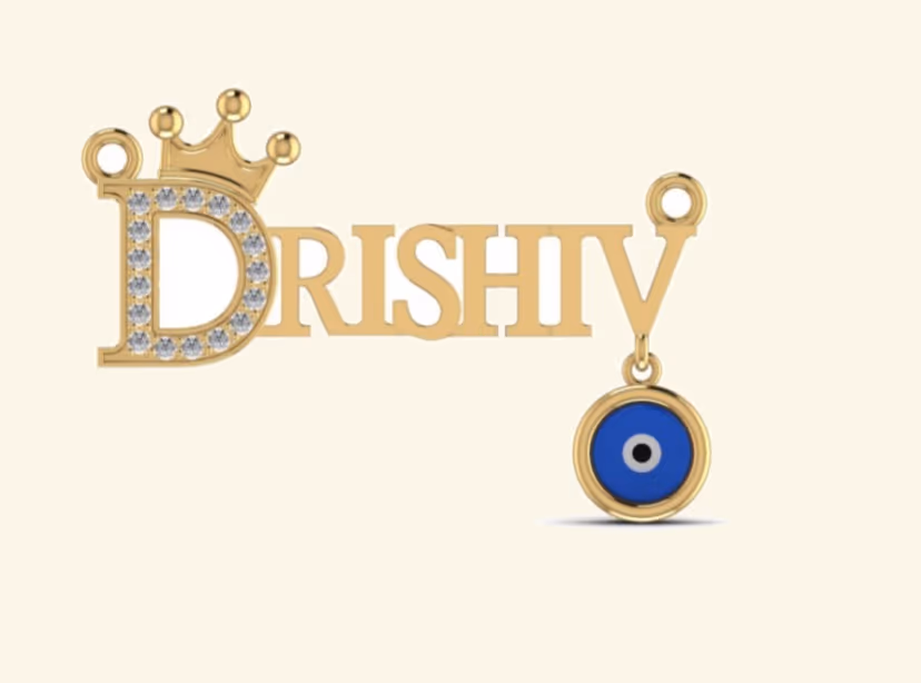 Crowned DRISHIV name pendant with dangling blue evil-eye charm.