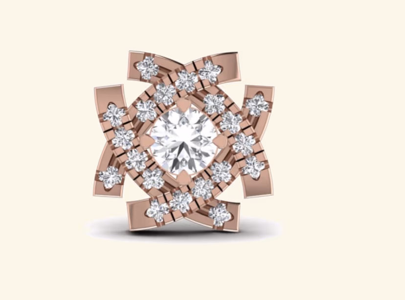 Rose-gold square trellis pendant with central round and pavé starburst corners.