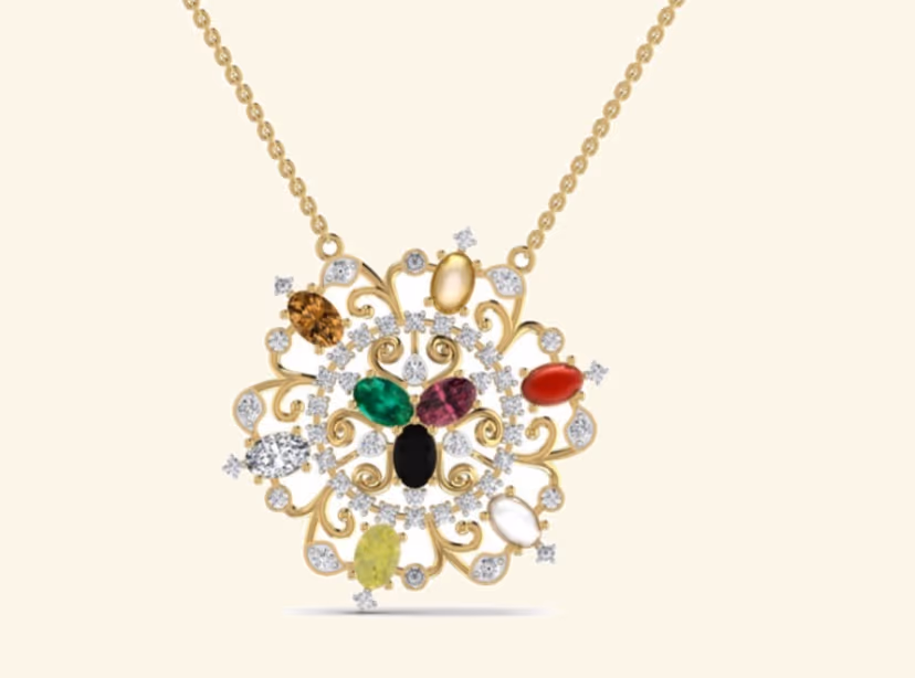 Round Navratna nine-stone pendant with all gem types in a scrollwork frame.